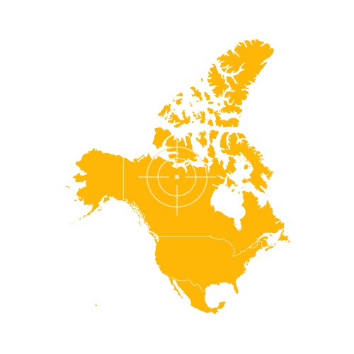 North America region map showing countries and surrounding oceans
